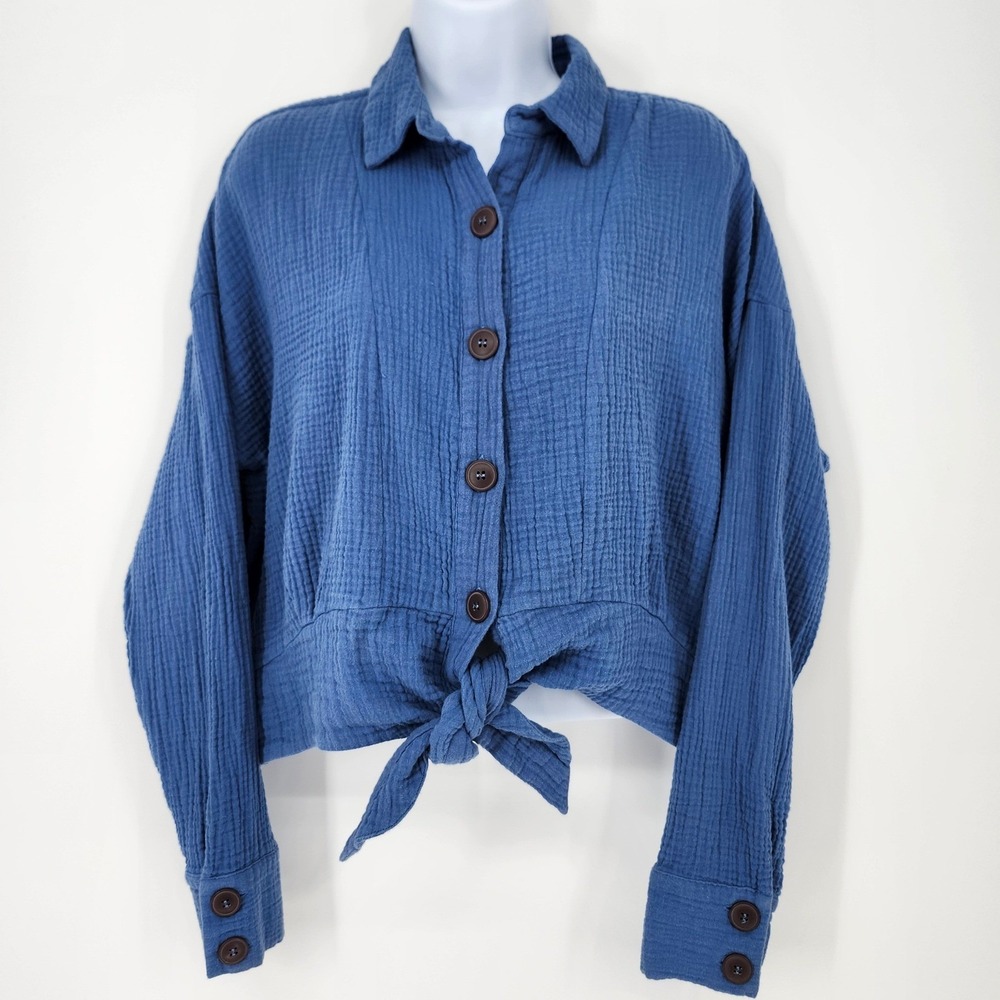 Free People Blue Sunstreaks Tie Front Shirt‎ Womens Medium Cotton Gauze Cropped